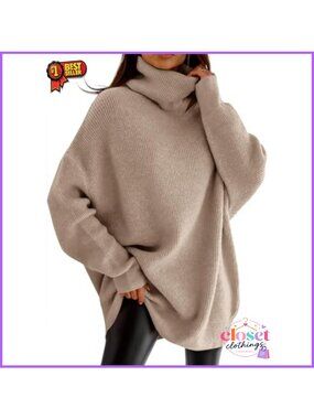 Turtleneck Oversized Chunky Knit Pullover Sweater Batwing Long Sleeve Loose Fit